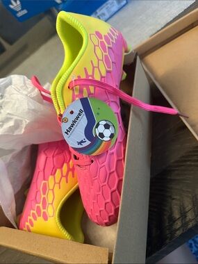 Hawkwell Kids Pink and Neon Yellow Soccer Cleats